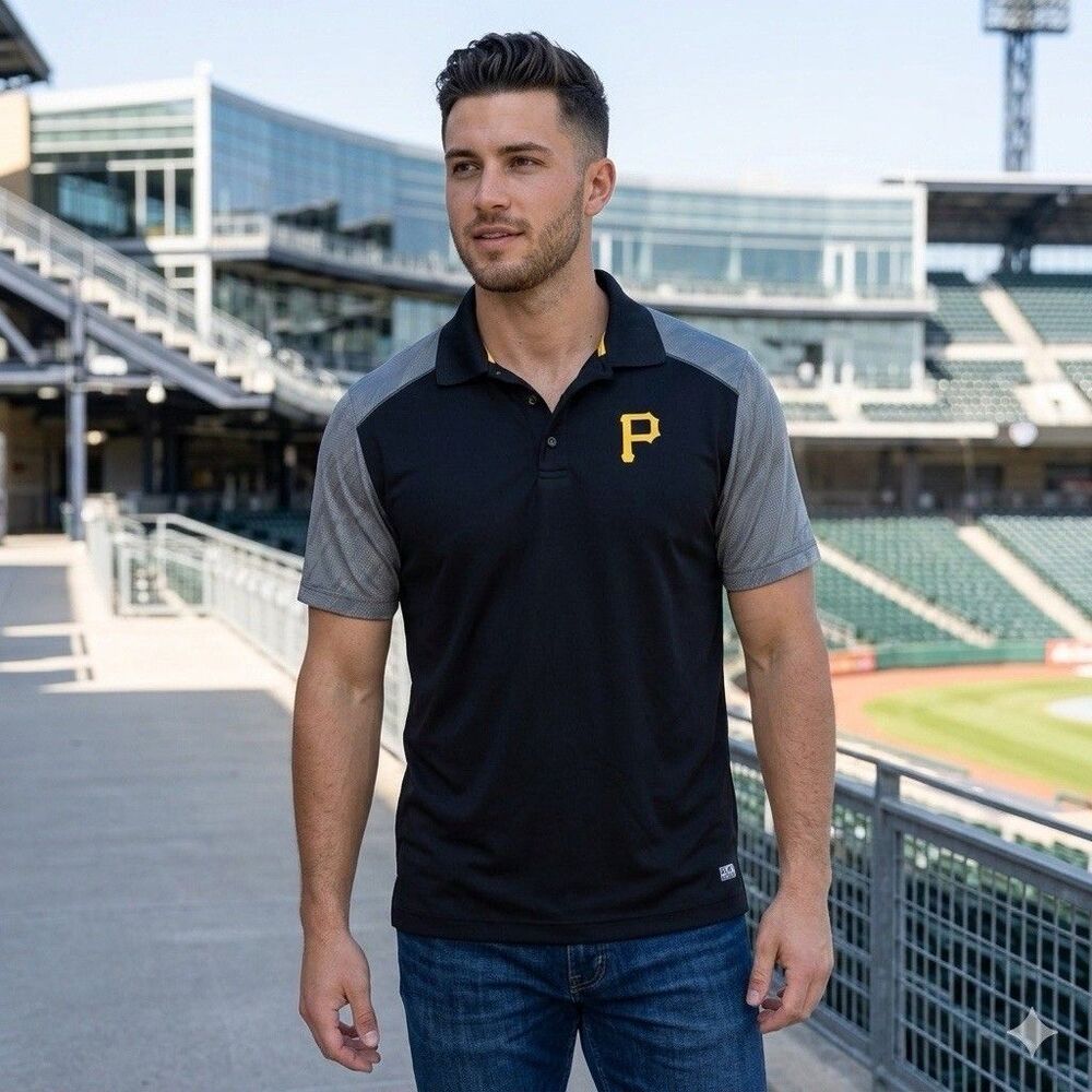Pittsburgh Pirates MLB Polo Shirt Mens Large L Black Gray TX3 Cool Performance